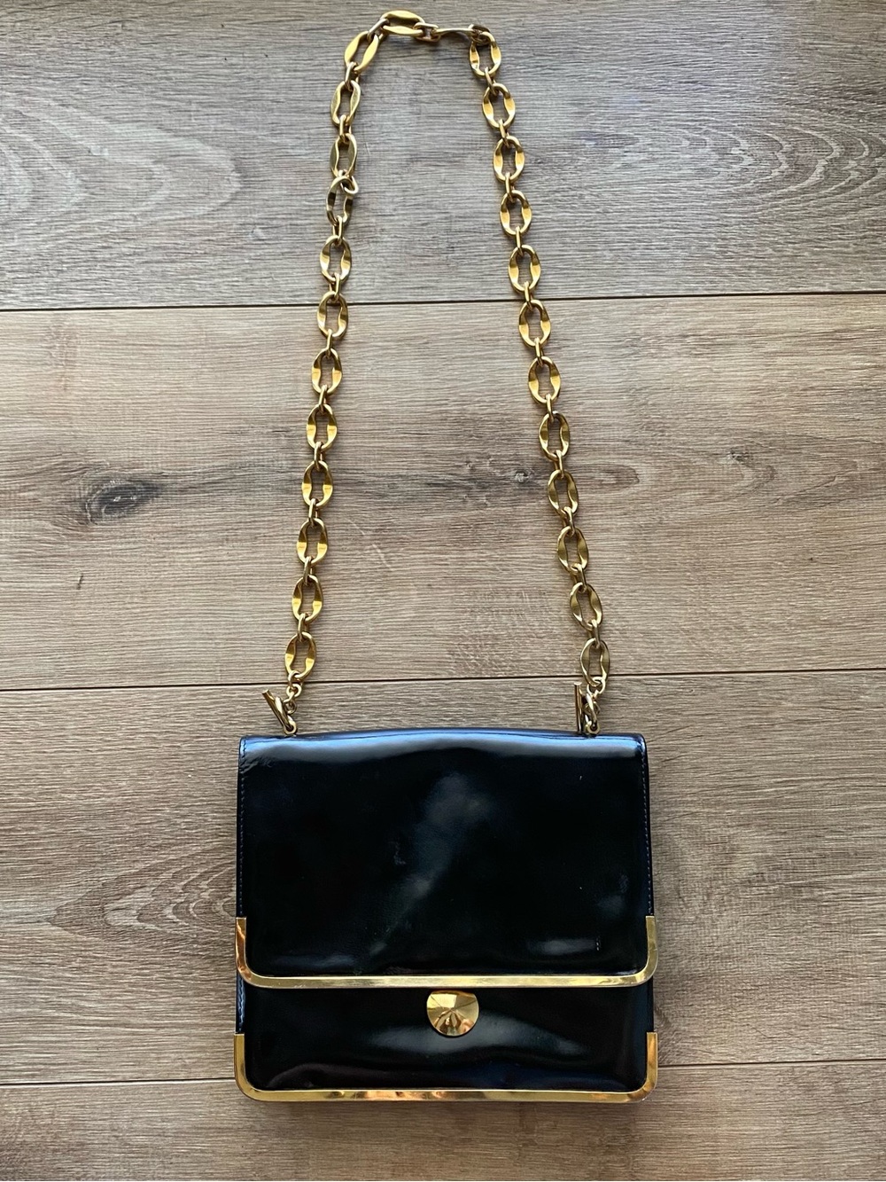 Mark Cross Vintage Black Patent Crossbody Bag with Gold Chains